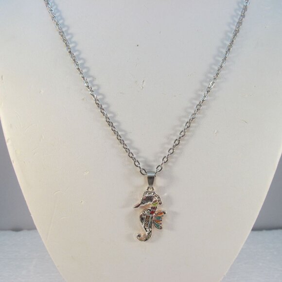 Silver Tone Enamel Seahorse Pendant Necklace - Picture 6 of 12